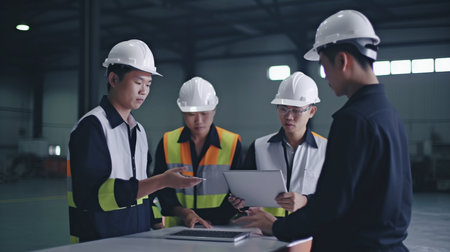 Scene of a worker team of inspectors having a conversation while using a laptop and a large machine in a factory setting, with the idea of auditor safety.The Generative AIの素材