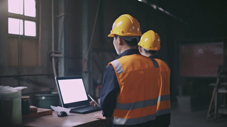 Scene of a worker team of inspectors having a conversation while using a laptop and a large machine in a factory setting, with the idea of auditor safety.The Generative AIの素材