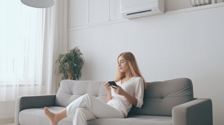 Stunning young lady using a phone reclining on a sofa in a well-lit space with an air conditioner running. The Generative AIの素材