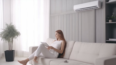 Stunning young lady using a phone reclining on a sofa in a well-lit space with an air conditioner running. The Generative AIの素材