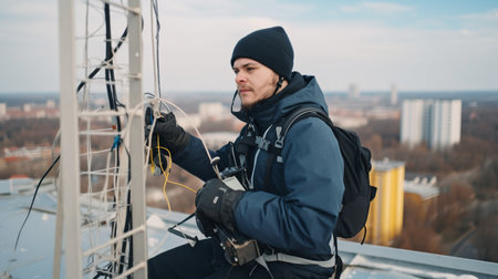 Installation of antennas and outdoor radio units is performed by a telecommunication engineer wearing a helmet and a uniform.The Generative AIの素材