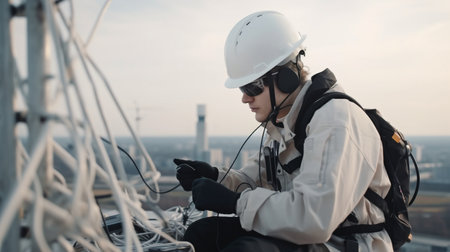 Installation of antennas and outdoor radio units is performed by a telecommunication engineer wearing a helmet and a uniform.The Generative AIの素材