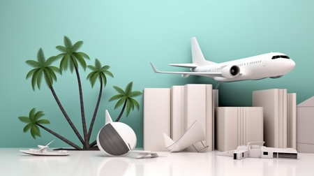 With coconut trees in the background, an airplane, luggage, a passport, and a volleyball are all used in advertisements with text about summer travel.The Generative AIの素材