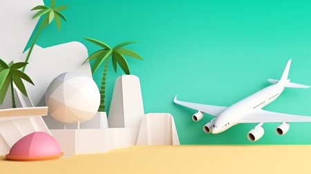 With coconut trees in the background, an airplane, luggage, a passport, and a volleyball are all used in advertisements with text about summer travel.The Generative AIの素材