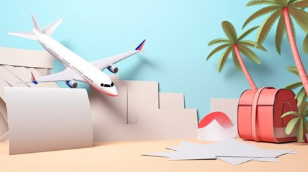 With coconut trees in the background, an airplane, luggage, a passport, and a volleyball are all used in advertisements with text about summer travel.The Generative AIの素材