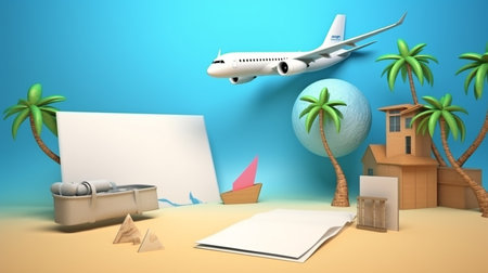 With coconut trees in the background, an airplane, luggage, a passport, and a volleyball are all used in advertisements with text about summer travel.The Generative AIの素材