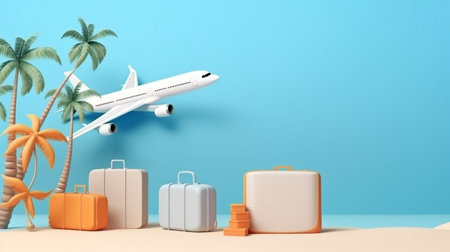 With coconut trees in the background, an airplane, luggage, a passport, and a volleyball are all used in advertisements with text about summer travel.The Generative AIの素材