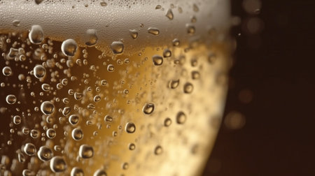 Low angle side view of lager beer being poured in a frosty glass with bubbles and froth.The Generative AIの素材