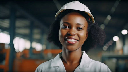 Engineers who are Black African women and happy with their jobs in the manufacturing sector.The Generative AIの素材