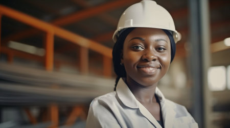Engineers who are Black African women and happy with their jobs in the manufacturing sector.The Generative AIの素材