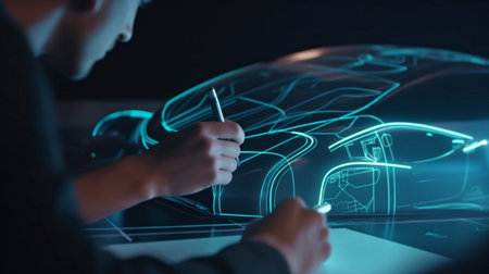Engineers working on automobile design are using a holographic tablet app. Create a cutting-edge, contemporary, high-tech electric vehicle that meets sustainable standards.The Generative AIの素材