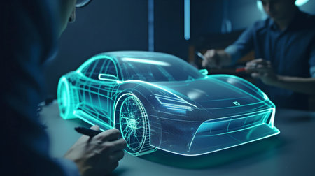 Engineers working on automobile design are using a holographic tablet app. Create a cutting-edge, contemporary, high-tech electric vehicle that meets sustainable standards.The Generative AIの素材