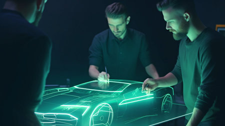 Engineers working on automobile design are using a holographic tablet app. Create a cutting-edge, contemporary, high-tech electric vehicle that meets sustainable standards.The Generative AIの素材