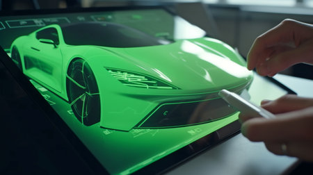 Engineers working on automobile design are using a holographic tablet app. Create a cutting-edge, contemporary, high-tech electric vehicle that meets sustainable standards.The Generative AIの素材