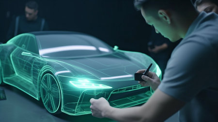 Engineers working on automobile design are using a holographic tablet app. Create a cutting-edge, contemporary, high-tech electric vehicle that meets sustainable standards.The Generative AIの素材