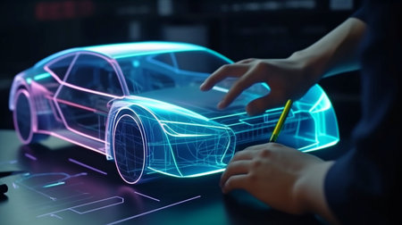 Engineers working on automobile design are using a holographic tablet app. Create a cutting-edge, contemporary, high-tech electric vehicle that meets sustainable standards.The Generative AIの素材