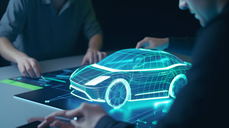 Engineers working on automobile design are using a holographic tablet app. Create a cutting-edge, contemporary, high-tech electric vehicle that meets sustainable standards.The Generative AIの素材