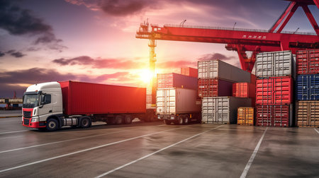 Logistics for the import and export of containers, freight ships, and trucks carrying red containers on a port's cargo shipping dock yard background.Generative AIの素材