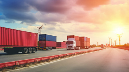 Logistics for the import and export of containers, freight ships, and trucks carrying red containers on a port's cargo shipping dock yard background.Generative AIの素材