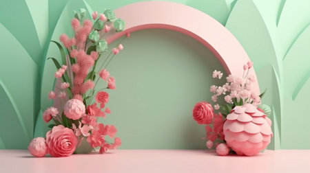 floral installation scene from spring with a geometric arch shape. rendering in 3D.The Generative AIの素材