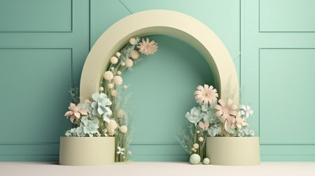 floral installation scene from spring with a geometric arch shape. rendering in 3D.The Generative AIの素材
