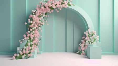 floral installation scene from spring with a geometric arch shape. rendering in 3D.The Generative AIの素材