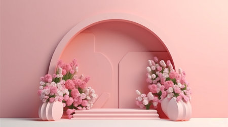 floral installation scene from spring with a geometric arch shape. rendering in 3D.The Generative AIの素材