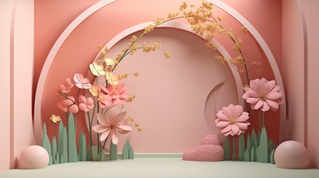 floral installation scene from spring with a geometric arch shape. rendering in 3D.The Generative AIの素材