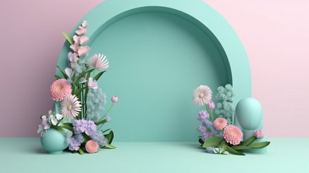 floral installation scene from spring with a geometric arch shape. rendering in 3D.The Generative AIの素材