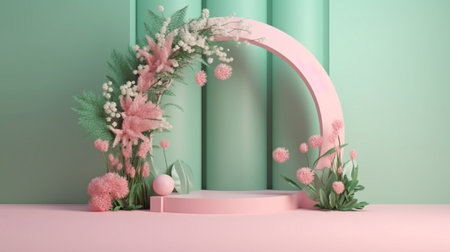floral installation scene from spring with a geometric arch shape. rendering in 3D.The Generative AIの素材