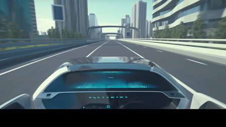 3D Autonomous Self-Driving Car Driving on City Highway.Software Sensor Checking for Vehicles and Speed Limits on the Road Ahead.The Generative AIの素材
