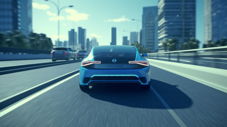 3D Autonomous Self-Driving Car Driving on City Highway.Software Sensor Checking for Vehicles and Speed Limits on the Road Ahead.The Generative AIの素材