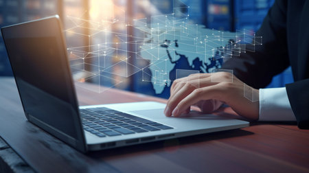 Engineering using laptop for online tracking, control, and distribution with background of the world map in the business and technology future of logistics transportation import export concept.Generative AIの素材