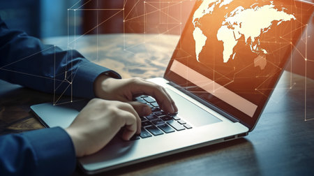 Engineering using laptop for online tracking, control, and distribution with background of the world map in the business and technology future of logistics transportation import export concept.Generative AIの素材