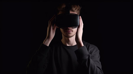 An adult bearded man wearing casual clothing and a VR headset is shown in a studio shot browsing virtual reality.The Generative AIの素材