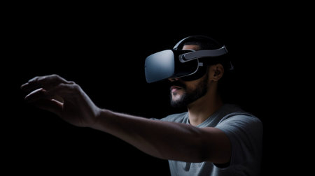 An adult bearded man wearing casual clothing and a VR headset is shown in a studio shot browsing virtual reality.The Generative AIの素材