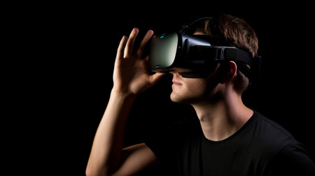 An adult bearded man wearing casual clothing and a VR headset is shown in a studio shot browsing virtual reality.The Generative AIの素材