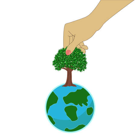 image of Small earth with tree and handのイラスト素材