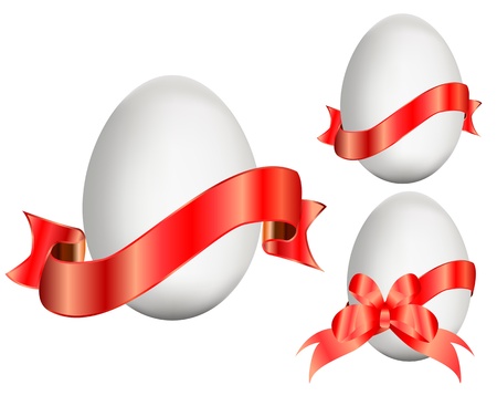 Vector of whiye Easter eggs with red ribbon on whiteのイラスト素材