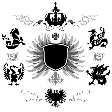 Vecor of Arms with different supporters, crown and medieval ornamentsのイラスト素材