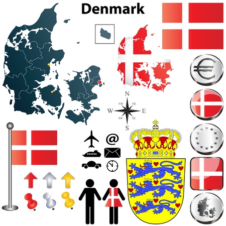  set of Denmark country shape with flags, buttons and symbolsのイラスト素材
