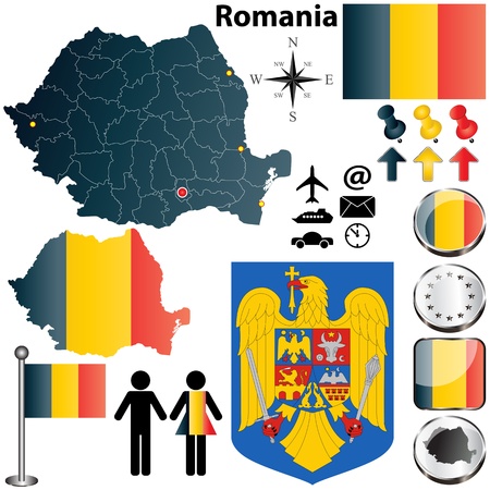 set of Romania country shape with flags, buttons and icons isolated on white backgroundのイラスト素材