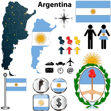 Argentina set with detailed country shape with region borders, flags and iconsのイラスト素材