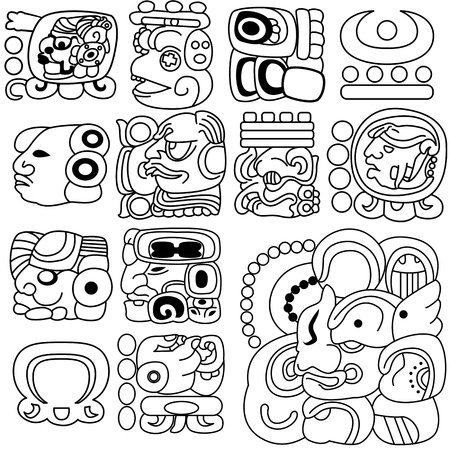 image of ancient Mayan hieroglyphs on whiteのイラスト素材