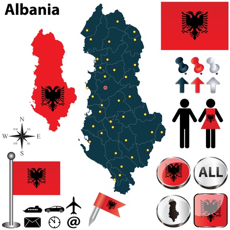 Vector of Albania set with detailed country shape with region borders, flags and iconsのイラスト素材