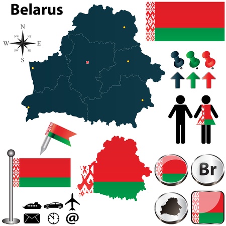 Vector of Belarus set with detailed country shape with region borders, flags and iconsのイラスト素材