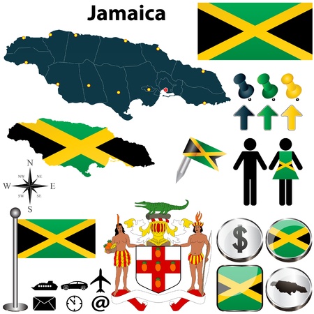 Vector of Jamaica set with detailed country shape with region borders, flags and iconsのイラスト素材
