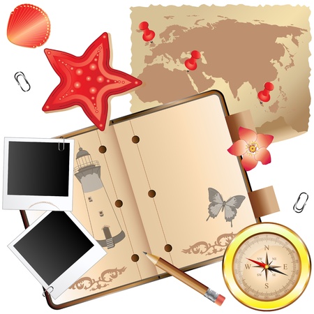 Travel set with travel journal, compass and vintage map on white backgroundのイラスト素材