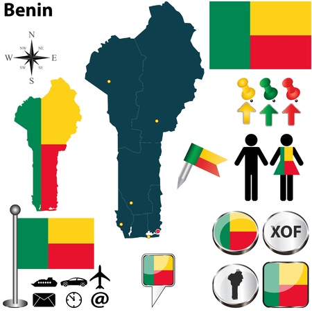 Benin set with detailed country shape with region borders, flags and iconsのイラスト素材