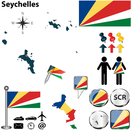 Vector of Seychelles set with detailed country shape with region borders, flags and iconsのイラスト素材
